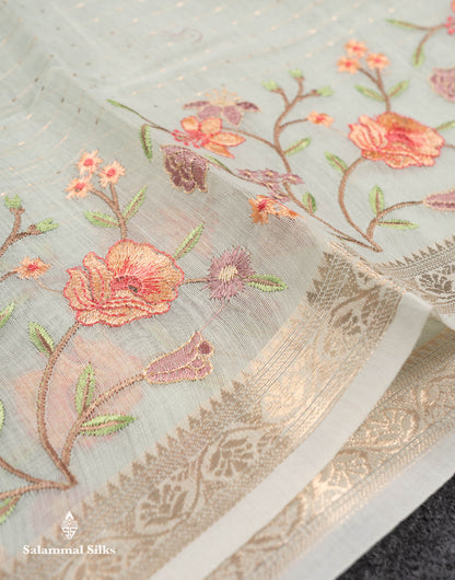 Beautiful Light Pink Zari Lines Cotton Mix Fancy Saree With Embroidery Floral Design & Small Zari Border