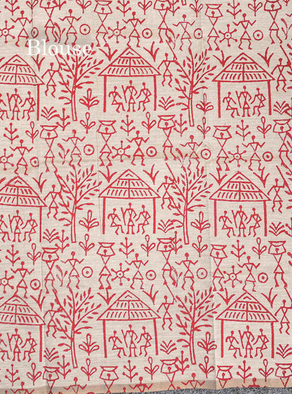 South Cotton Saree - Reddish Maroon Printed Saree With Contrast Cream Blouse