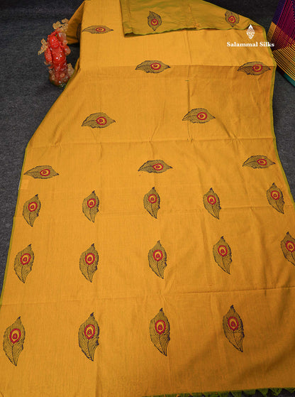 South Cotton Saree - Manthulir Yellow Printed Saree With Contrast Dark Purple Blouse