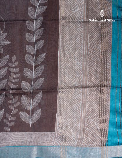 Brown Semi Crepe Silk Fancy Saree With Contrast Ramar Blue Small Border