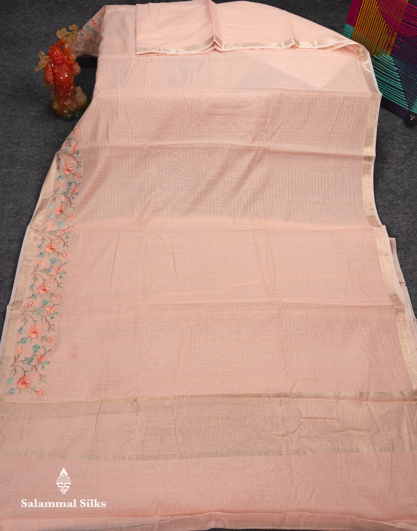 Beautiful Light Pink Zari Lines Cotton Mix Fancy Saree With Embroidery Floral Design & Small Zari Border