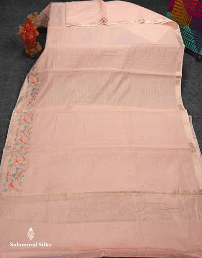 Beautiful Light Pink Zari Lines Cotton Mix Fancy Saree With Embroidery Floral Design & Small Zari Border