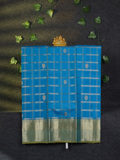 Beautiful Pure Silk Pattu Pavadai Checks With Butta (Violet) With Contrast Olive Mustard Yellow Blouse 36"
