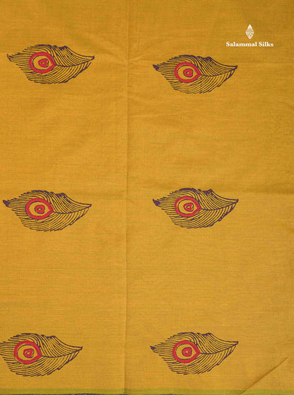 South Cotton Saree - Manthulir Yellow Printed Saree With Contrast Dark Purple Blouse