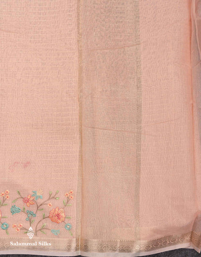 Beautiful Light Pink Zari Lines Cotton Mix Fancy Saree With Embroidery Floral Design & Small Zari Border