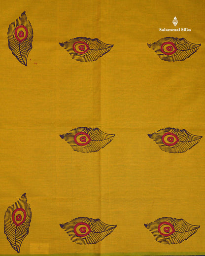South Cotton Saree - Manthulir Yellow Printed Saree With Contrast Dark Purple Blouse
