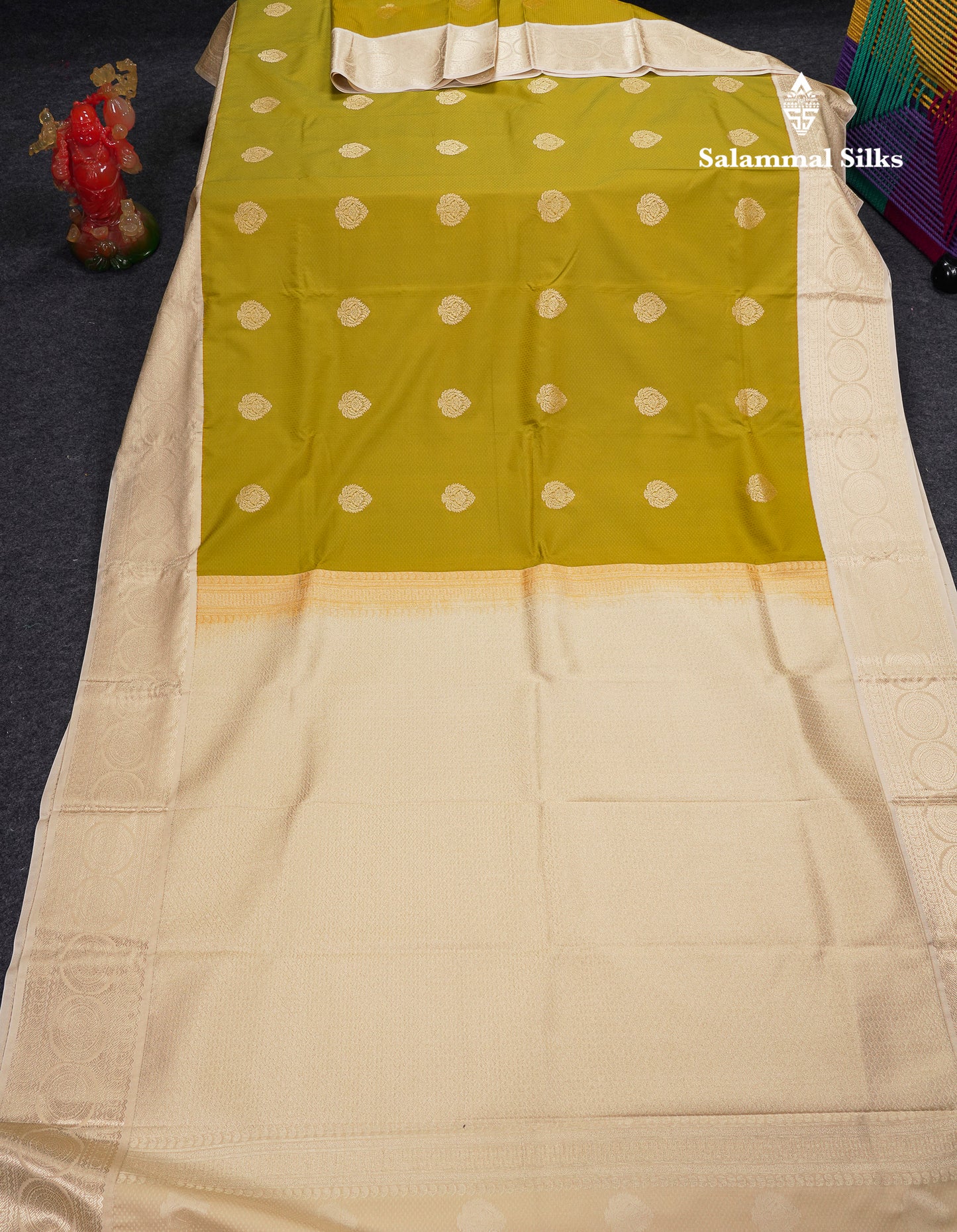 Beautiful Manthulir Yellow Semi Silk Saree With Contrast Cream Sandal Traditional Border