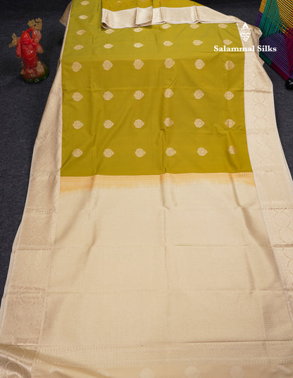 Beautiful Manthulir Yellow Semi Silk Saree With Contrast Cream Sandal Traditional Border