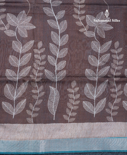 Brown Semi Crepe Silk Fancy Saree With Contrast Ramar Blue Small Border