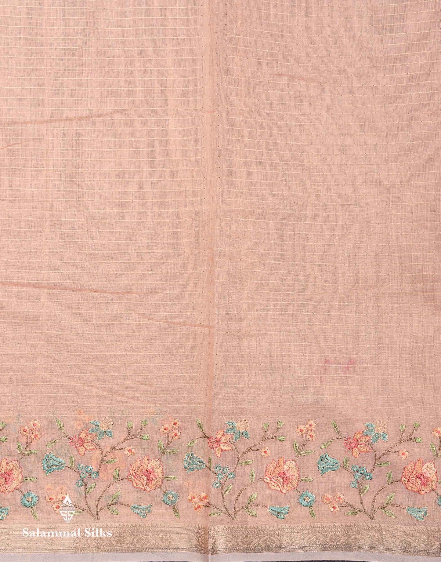 Beautiful Light Pink Zari Lines Cotton Mix Fancy Saree With Embroidery Floral Design & Small Zari Border