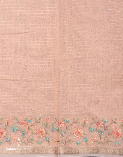 Beautiful Light Pink Zari Lines Cotton Mix Fancy Saree With Embroidery Floral Design & Small Zari Border