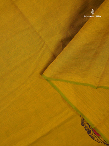South Cotton Saree - Manthulir Yellow Printed Saree With Contrast Dark Purple Blouse