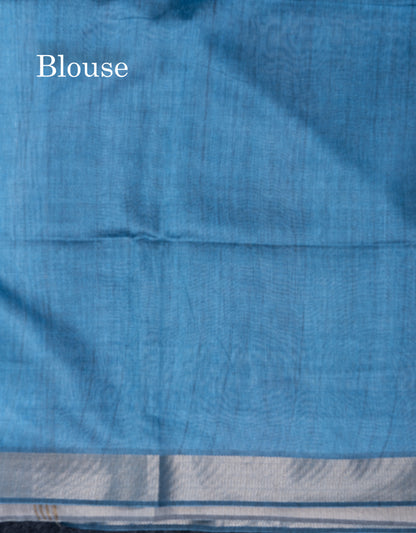 Brown Semi Crepe Silk Fancy Saree With Contrast Ramar Blue Small Border