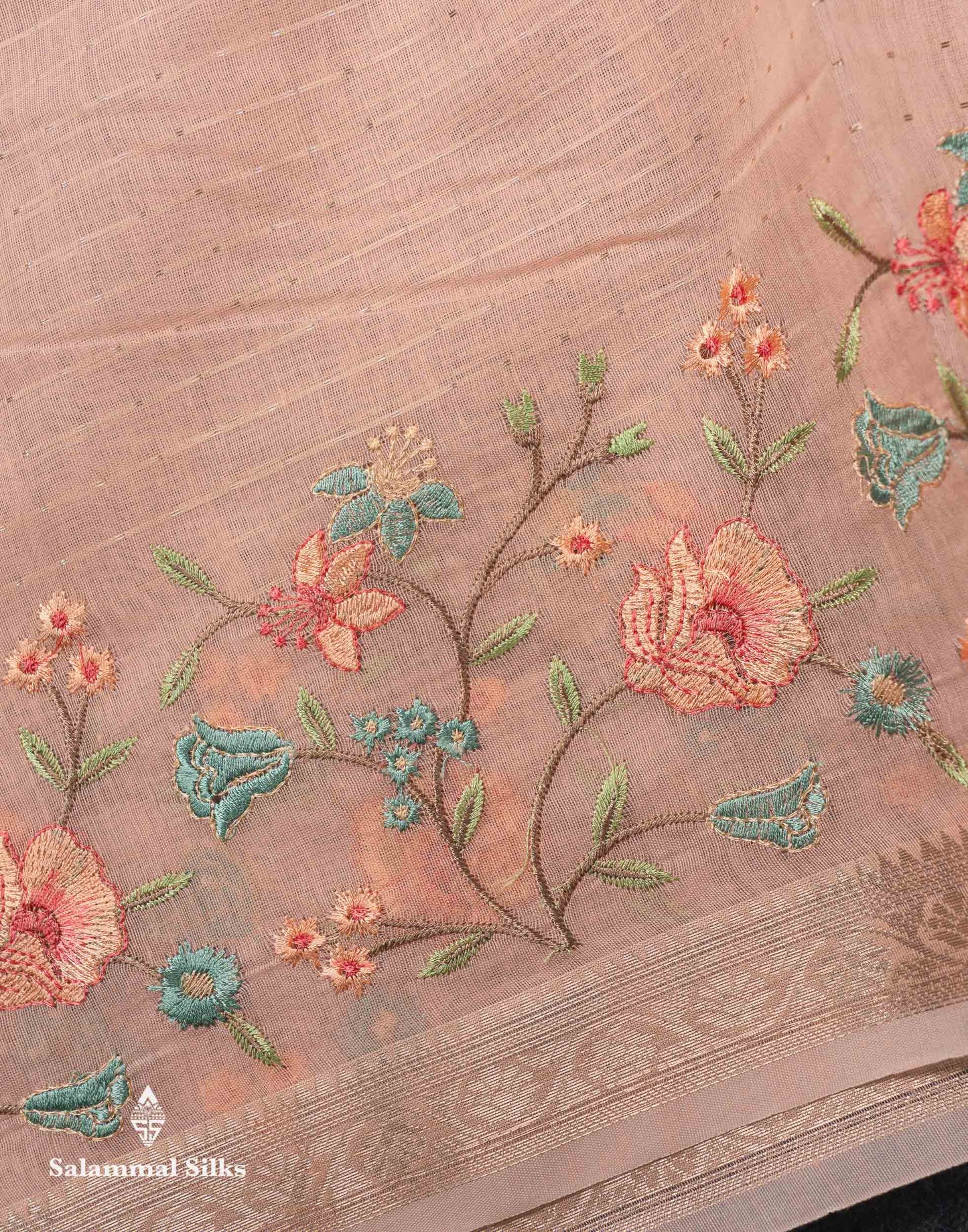 Beautiful Light Pink Zari Lines Cotton Mix Fancy Saree With Embroidery Floral Design & Small Zari Border