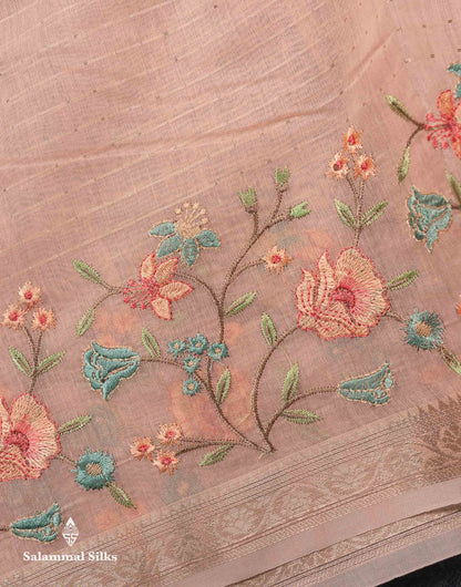 Beautiful Light Pink Zari Lines Cotton Mix Fancy Saree With Embroidery Floral Design & Small Zari Border