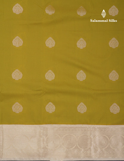Beautiful Manthulir Yellow Semi Silk Saree With Contrast Cream Sandal Traditional Border