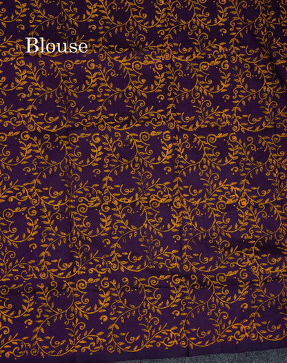 South Cotton Saree - Manthulir Yellow Printed Saree With Contrast Dark Purple Blouse