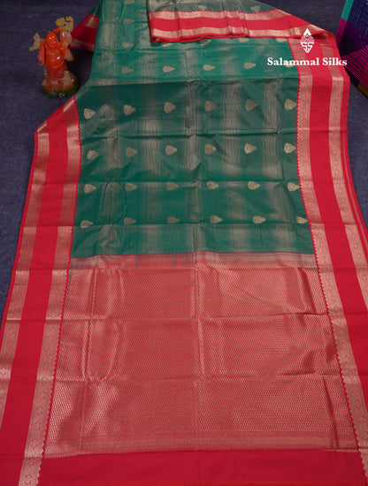 Beautiful Bottle Green Alai Vaira Oosi Semi Silk Saree With Contrast Reddish Maroon Traditional Rettapet Border
