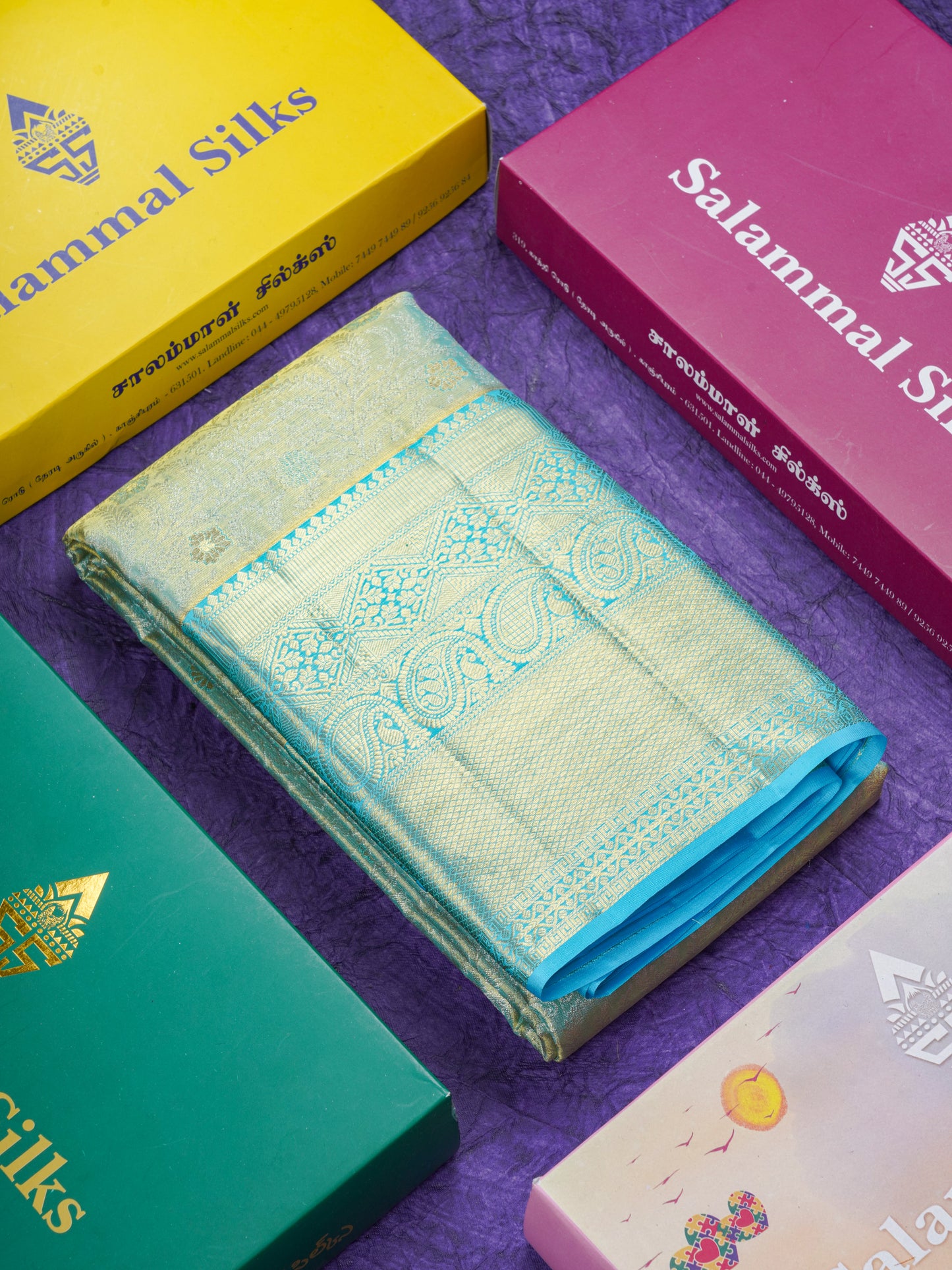 Rexona Green Tissue Bridal Pure Kanjivaram Silk Saree With Contrast Sky Blue Traditional Evening Morning Border