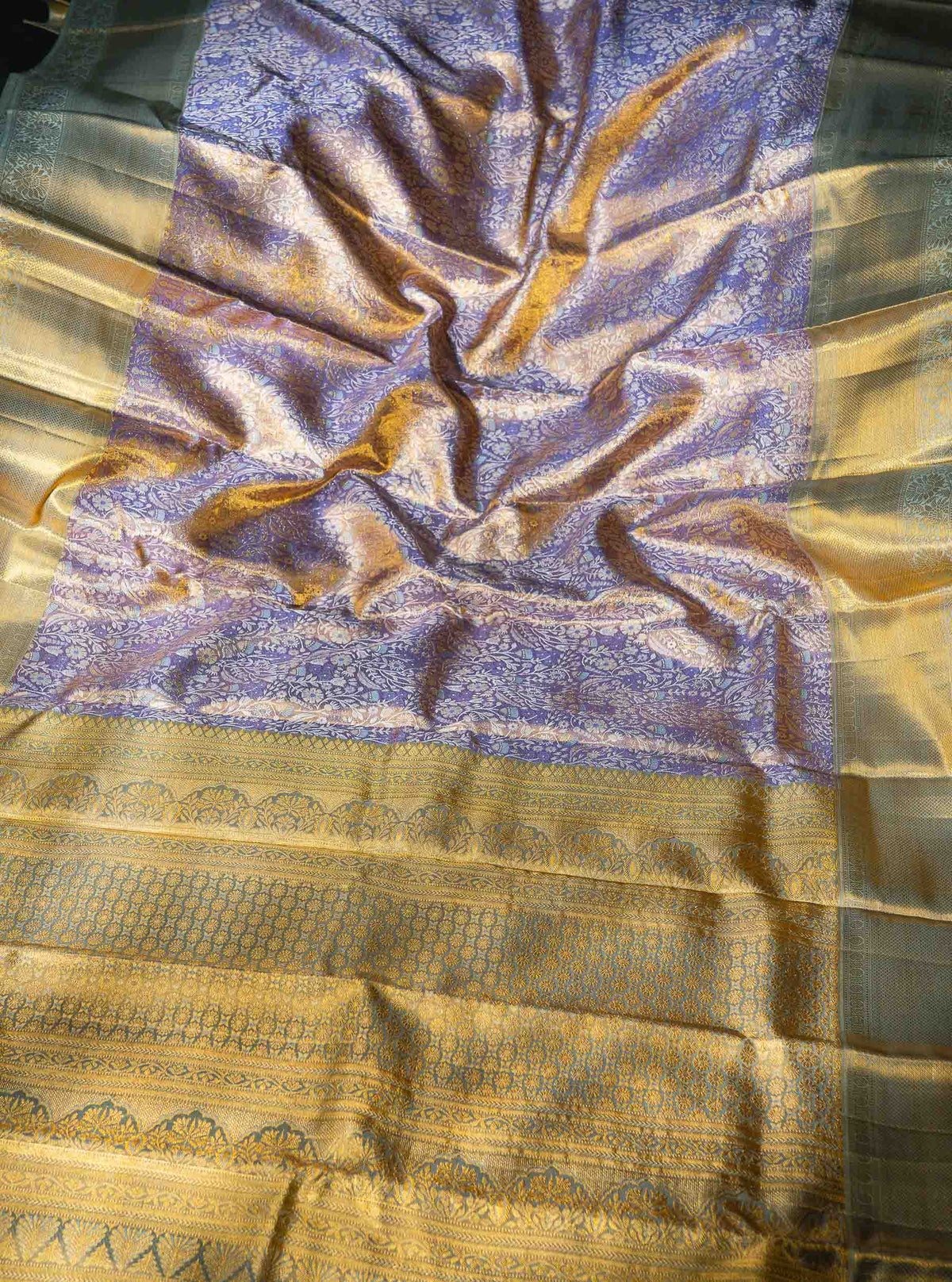Beautiful Light Lavender Tissue Bridal Pure Kanjivaram Silk Saree With Contrast Pista Green Border