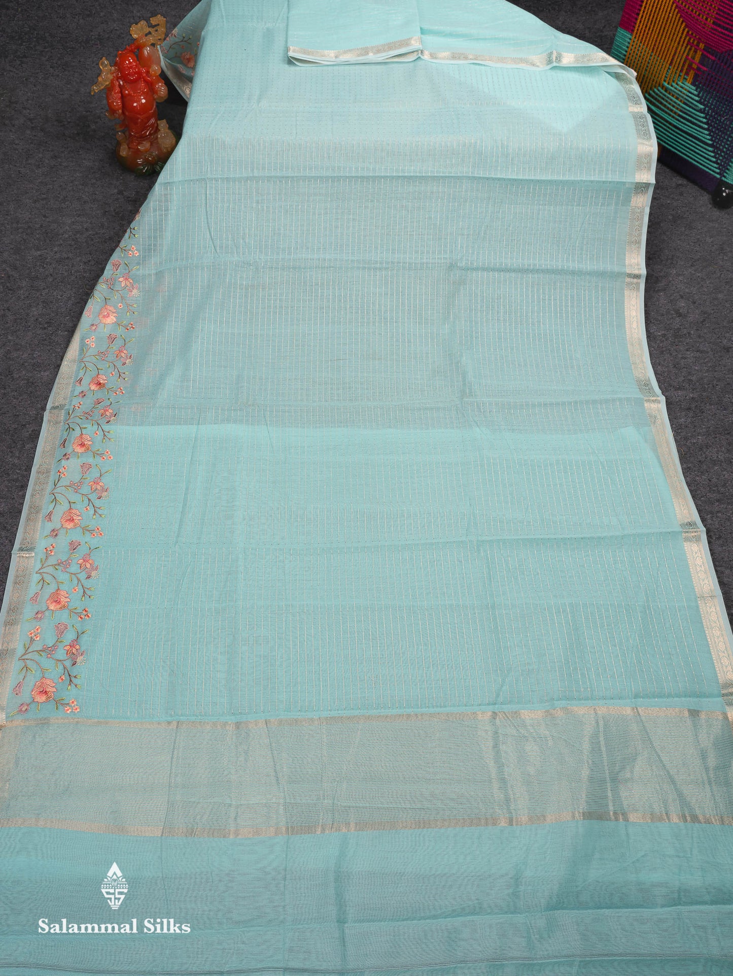 Beautiful Light Pink Zari Lines Cotton Mix Fancy Saree With Embroidery Floral Design & Small Zari Border