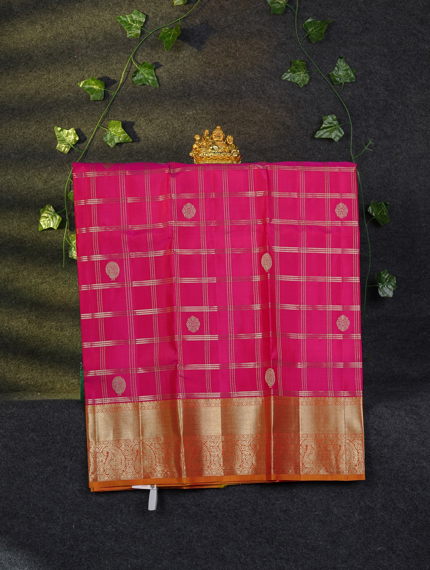 Beautiful Pure Silk Pattu Pavadai Checks With Butta (Violet) With Contrast Olive Mustard Yellow Blouse 36"