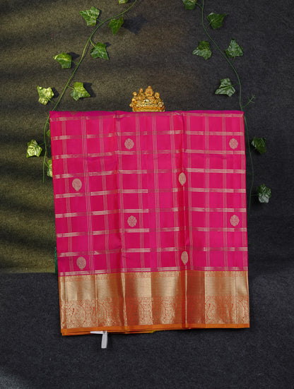Beautiful Pure Silk Pattu Pavadai Checks With Butta (Violet) With Contrast Olive Mustard Yellow Blouse 36"
