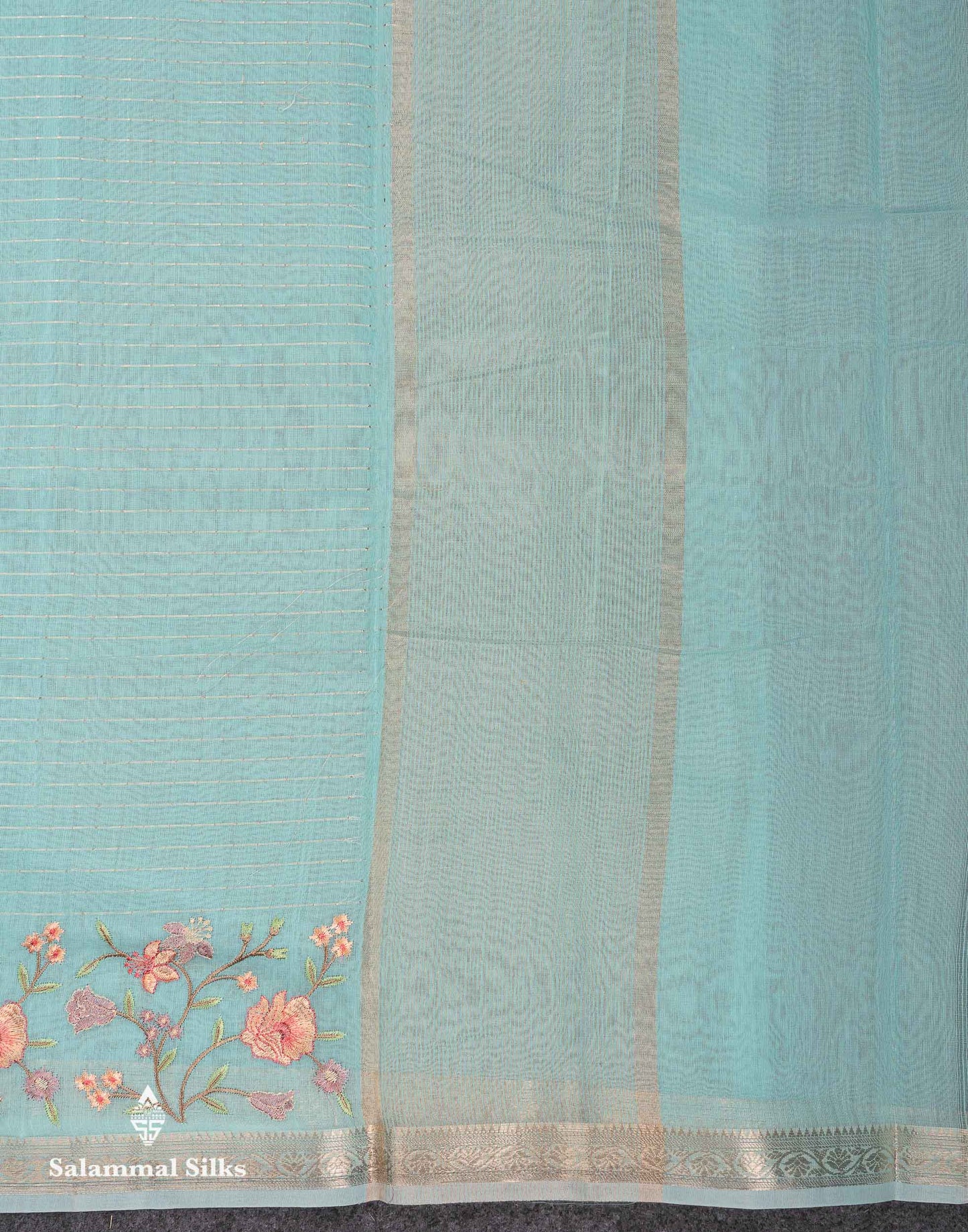 Beautiful Light Pink Zari Lines Cotton Mix Fancy Saree With Embroidery Floral Design & Small Zari Border