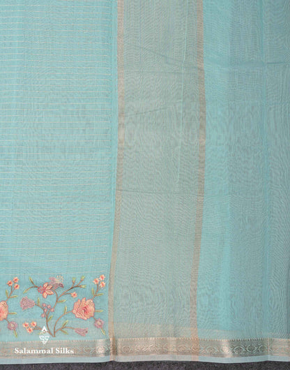 Beautiful Light Pink Zari Lines Cotton Mix Fancy Saree With Embroidery Floral Design & Small Zari Border