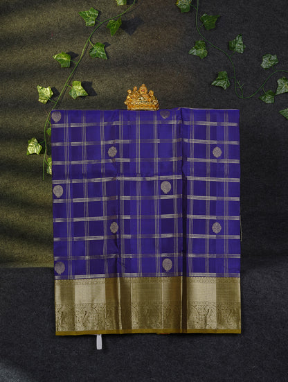 Beautiful Pure Silk Pattu Pavadai Checks With Butta (Violet) With Contrast Olive Mustard Yellow Blouse 36"