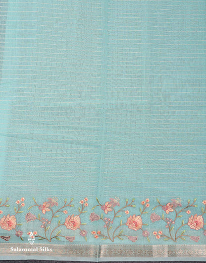 Beautiful Light Pink Zari Lines Cotton Mix Fancy Saree With Embroidery Floral Design & Small Zari Border