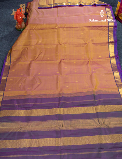 Mustard Yellow Pure Kanjivaram Silk Saree With Contrast Dark Purple Small Traditional Border