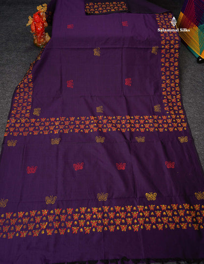 South Cotton Saree - Dark Purple Printed Saree With Contrast Mustard Yellow Blouse
