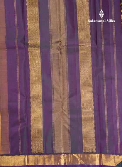 Mustard Yellow Pure Kanjivaram Silk Saree With Contrast Dark Purple Small Traditional Border