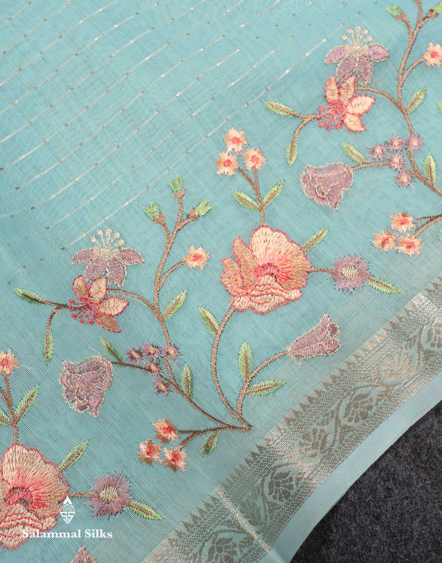 Beautiful Light Pink Zari Lines Cotton Mix Fancy Saree With Embroidery Floral Design & Small Zari Border
