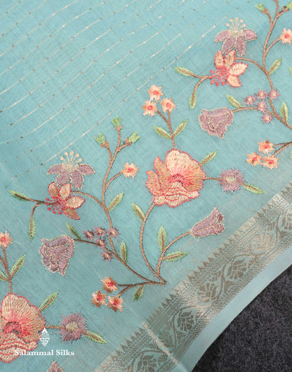 Beautiful Light Pink Zari Lines Cotton Mix Fancy Saree With Embroidery Floral Design & Small Zari Border
