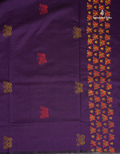 South Cotton Saree - Dark Purple Printed Saree With Contrast Mustard Yellow Blouse