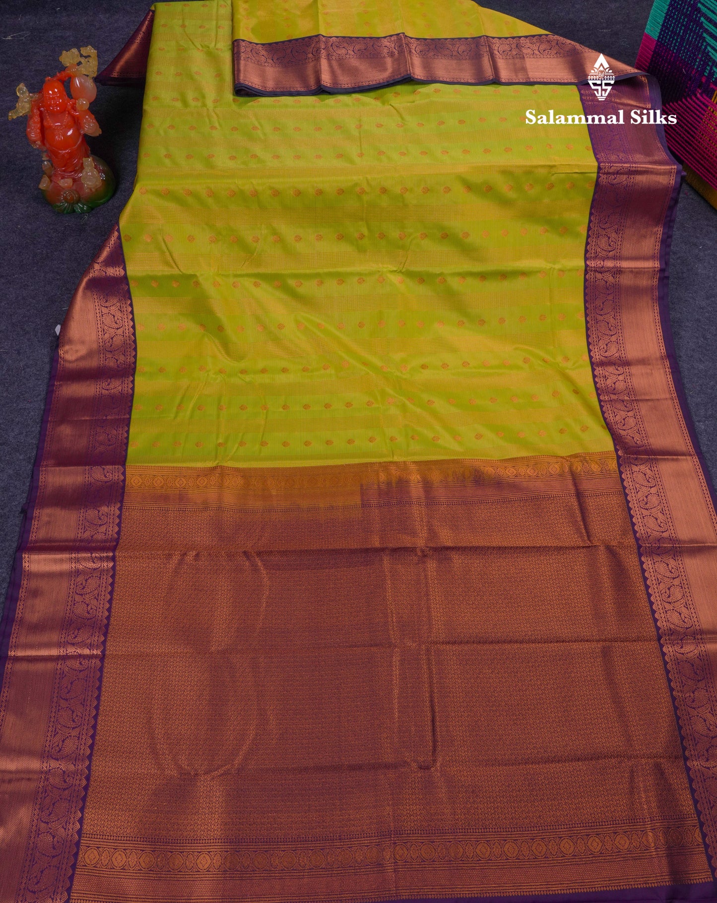 Beautiful Parrot Green Semi Silk Saree With Contrast Dark Purple Traditional Border