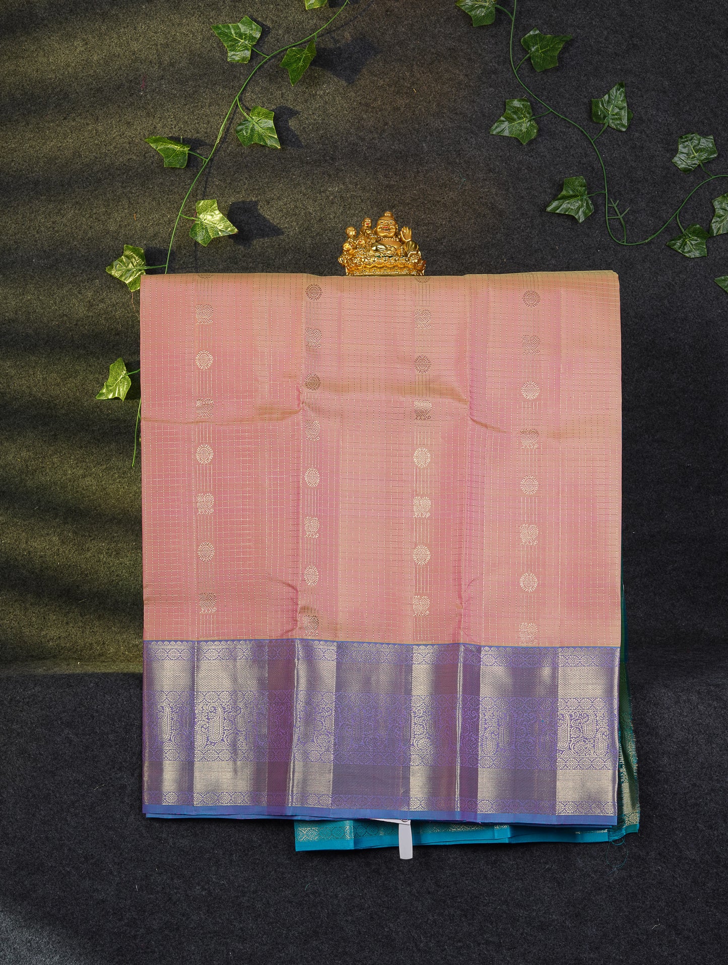 Beautiful Pure Silk Pattu Pavadai Checks With Butta (Light Peach) With Contrast Sapphire Blue Blouse 36"