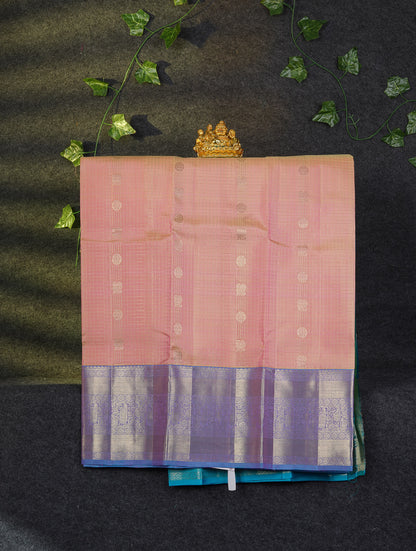 Beautiful Pure Silk Pattu Pavadai Checks With Butta (Light Peach) With Contrast Sapphire Blue Blouse 36"
