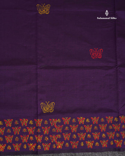 South Cotton Saree - Dark Purple Printed Saree With Contrast Mustard Yellow Blouse