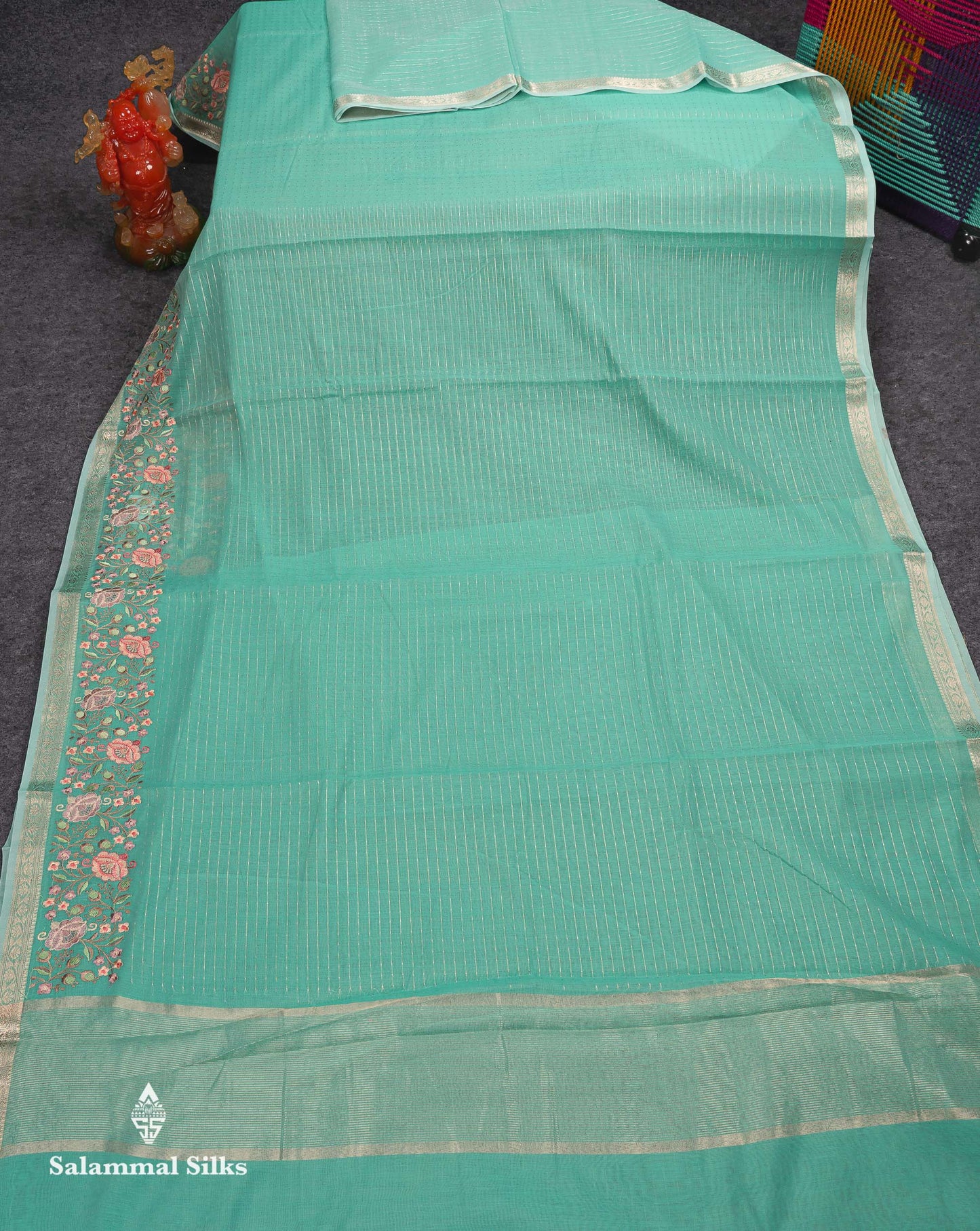 Beautiful Pastel Blue Zari Lines Cotton Mix Fancy Saree With Embroidery Floral Design & Small Zari Border