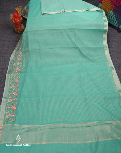 Beautiful Pastel Blue Zari Lines Cotton Mix Fancy Saree With Embroidery Floral Design & Small Zari Border