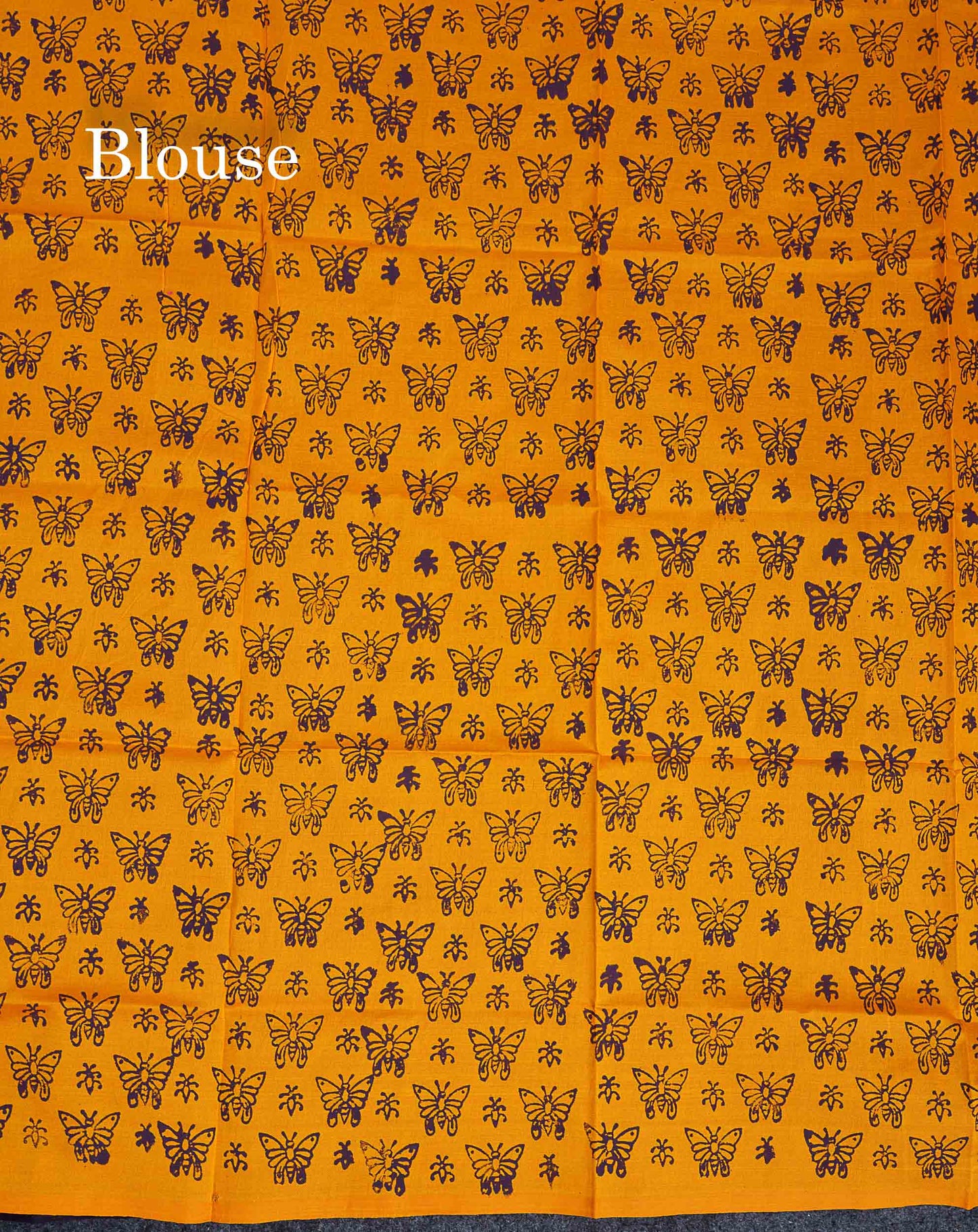 South Cotton Saree - Dark Purple Printed Saree With Contrast Mustard Yellow Blouse