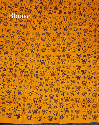 South Cotton Saree - Dark Purple Printed Saree With Contrast Mustard Yellow Blouse