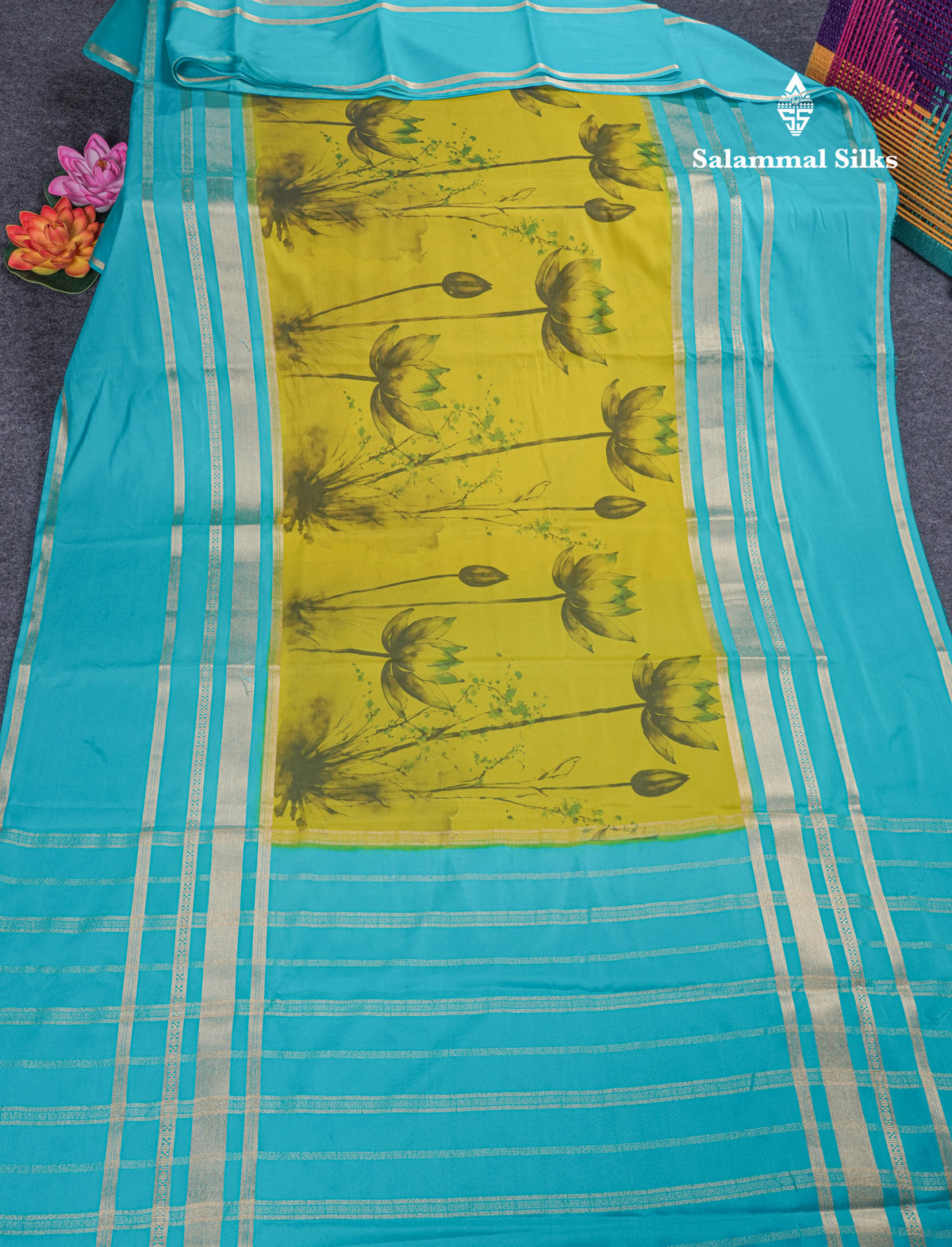 Manthulir Yellow Semi Crepe Silk Saree With Contrast Sapphire Blue Long Gap Border