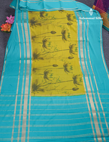 Manthulir Yellow Semi Mysore Crepe Saree With Contrast Sapphire Blue Long Gap Border