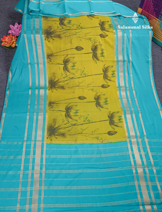 Manthulir Yellow Semi Mysore Crepe Saree With Contrast Sapphire Blue Long Gap Border