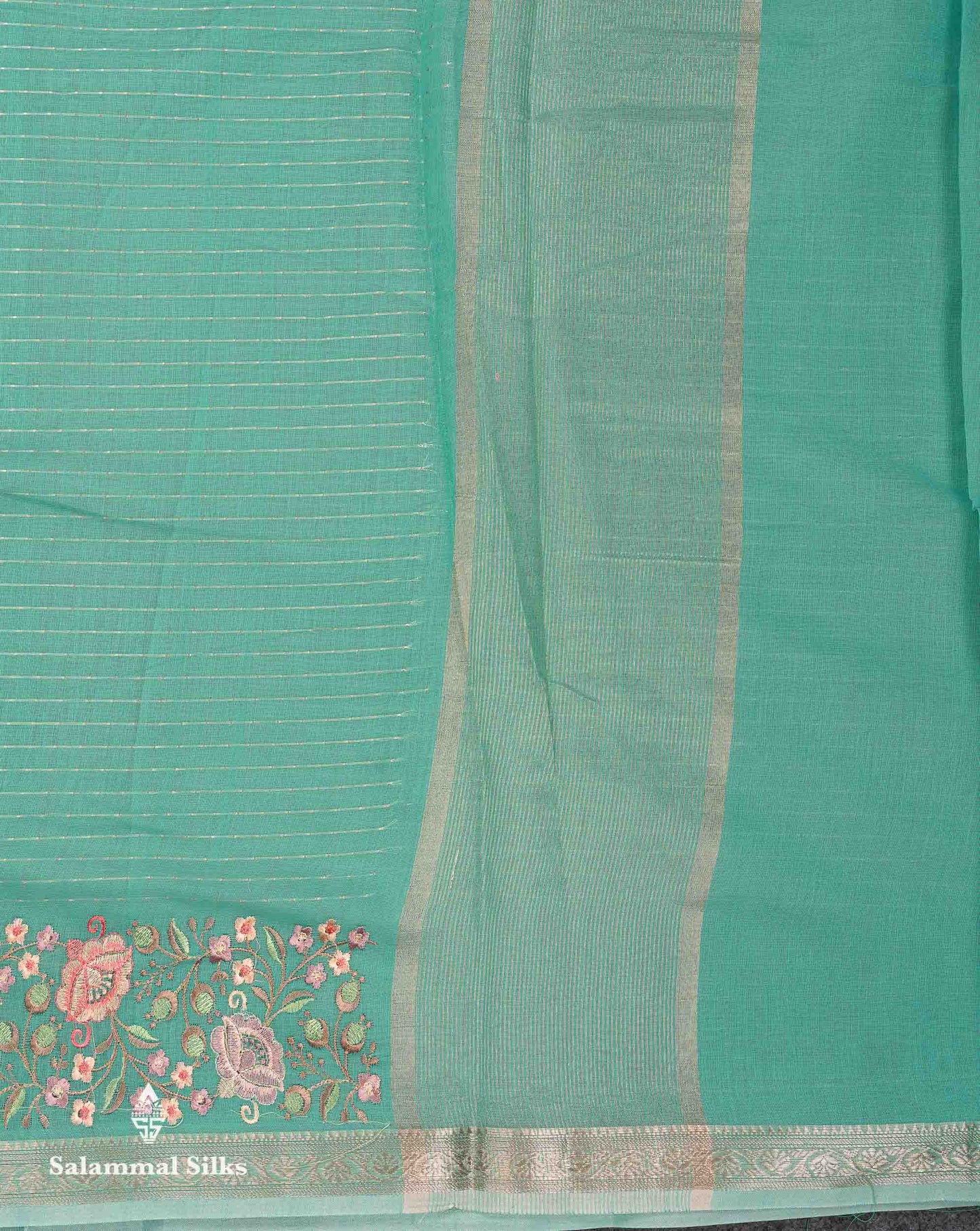 Beautiful Pastel Blue Zari Lines Cotton Mix Fancy Saree With Embroidery Floral Design & Small Zari Border