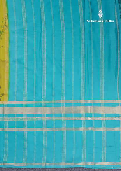 Manthulir Yellow Semi Mysore Crepe Saree With Contrast Sapphire Blue Long Gap Border